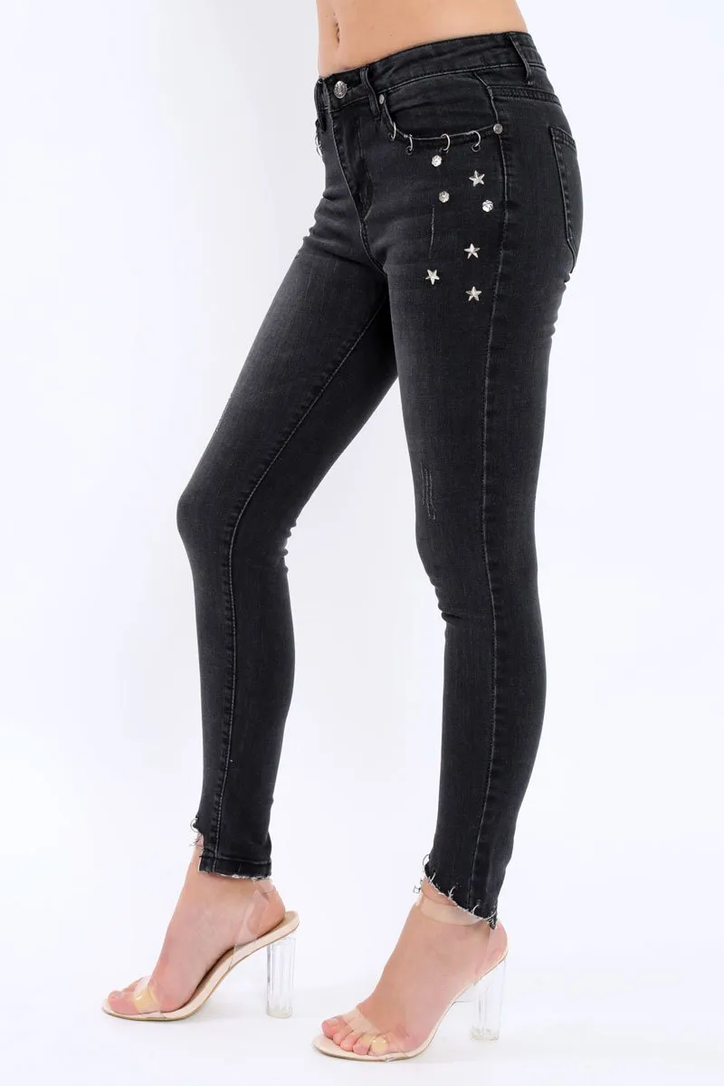 Black Denim Stud And Eyelet Ring  Jeans - Lesha