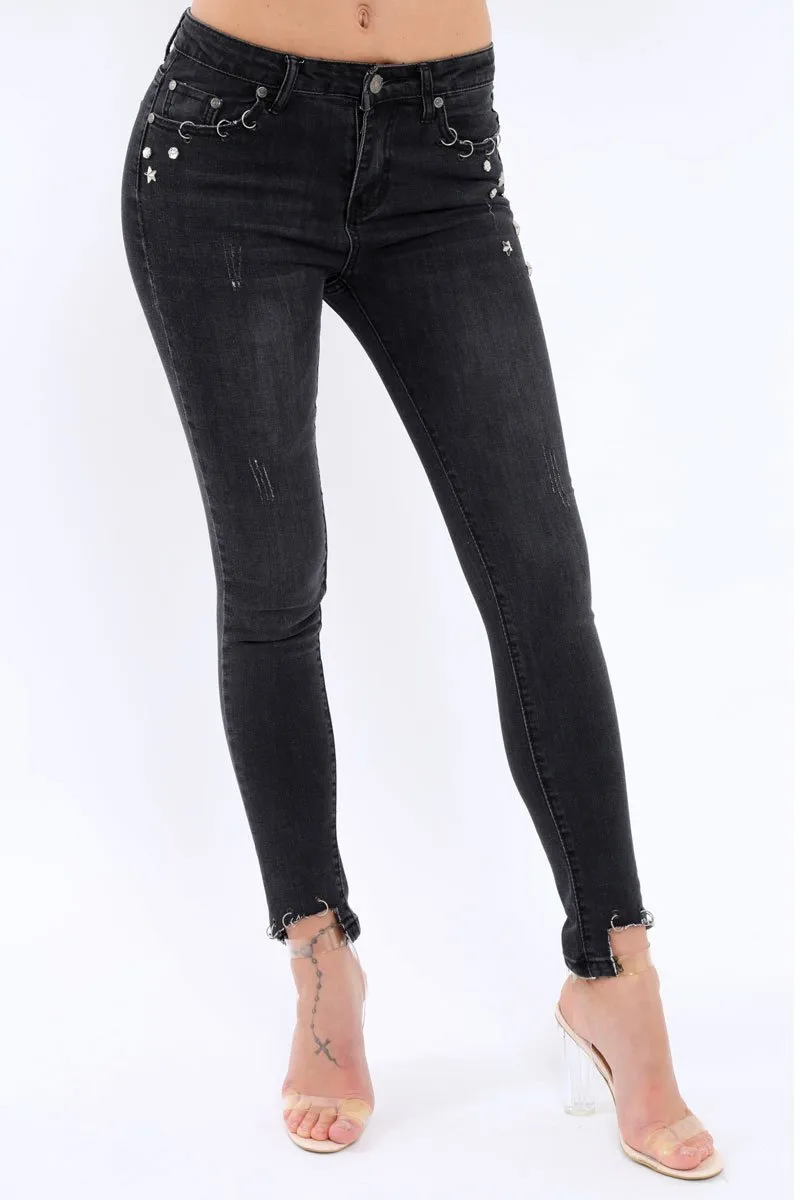 Black Denim Stud And Eyelet Ring  Jeans - Lesha