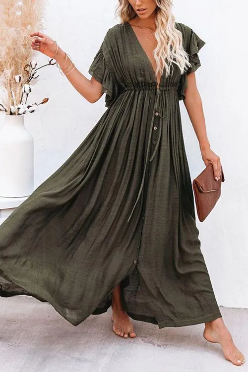 Button Drawstring Waist Bat Maxi Cover Dress