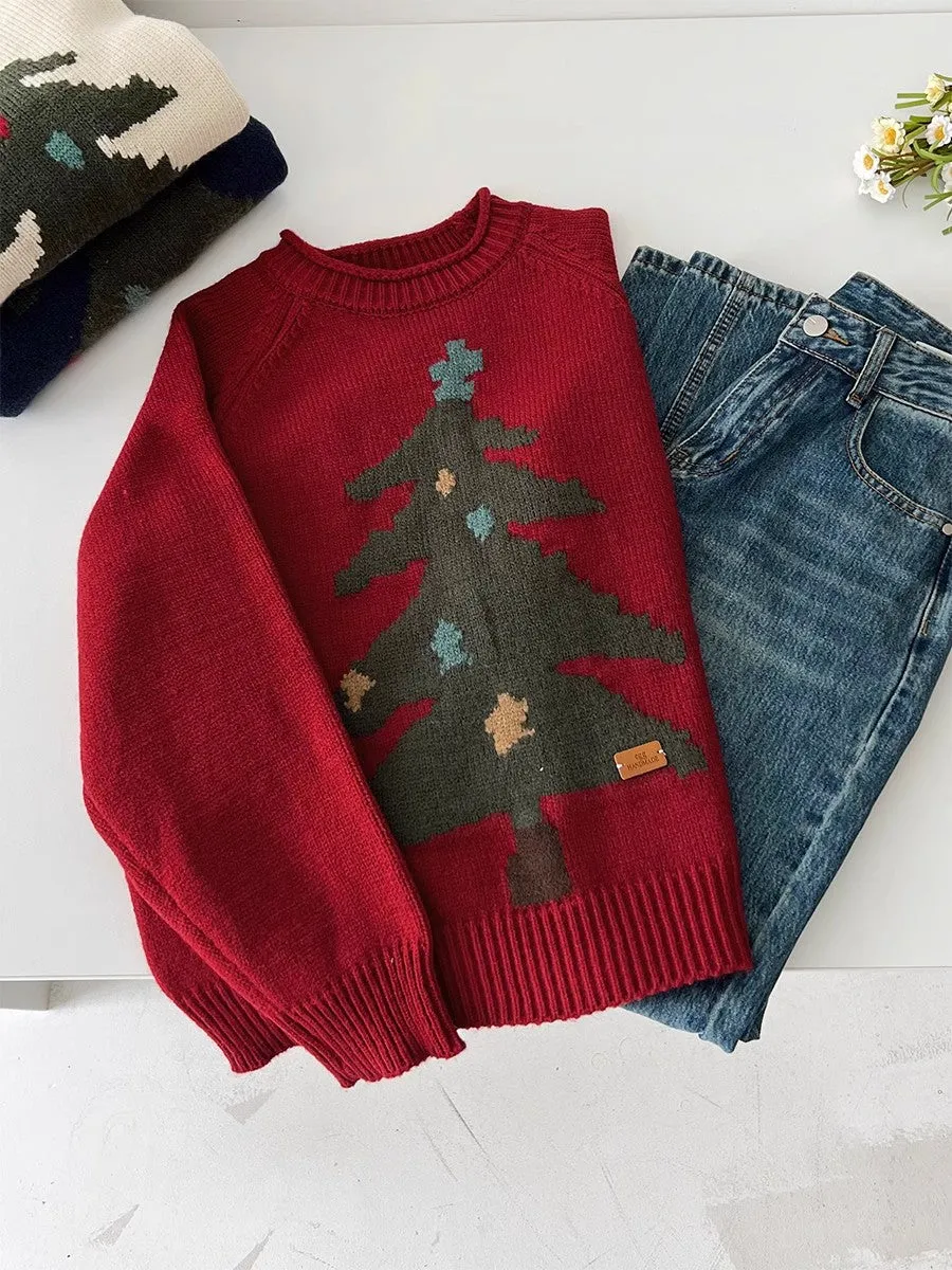 Christmas tree jacquard round neck knitted sweater    S4693