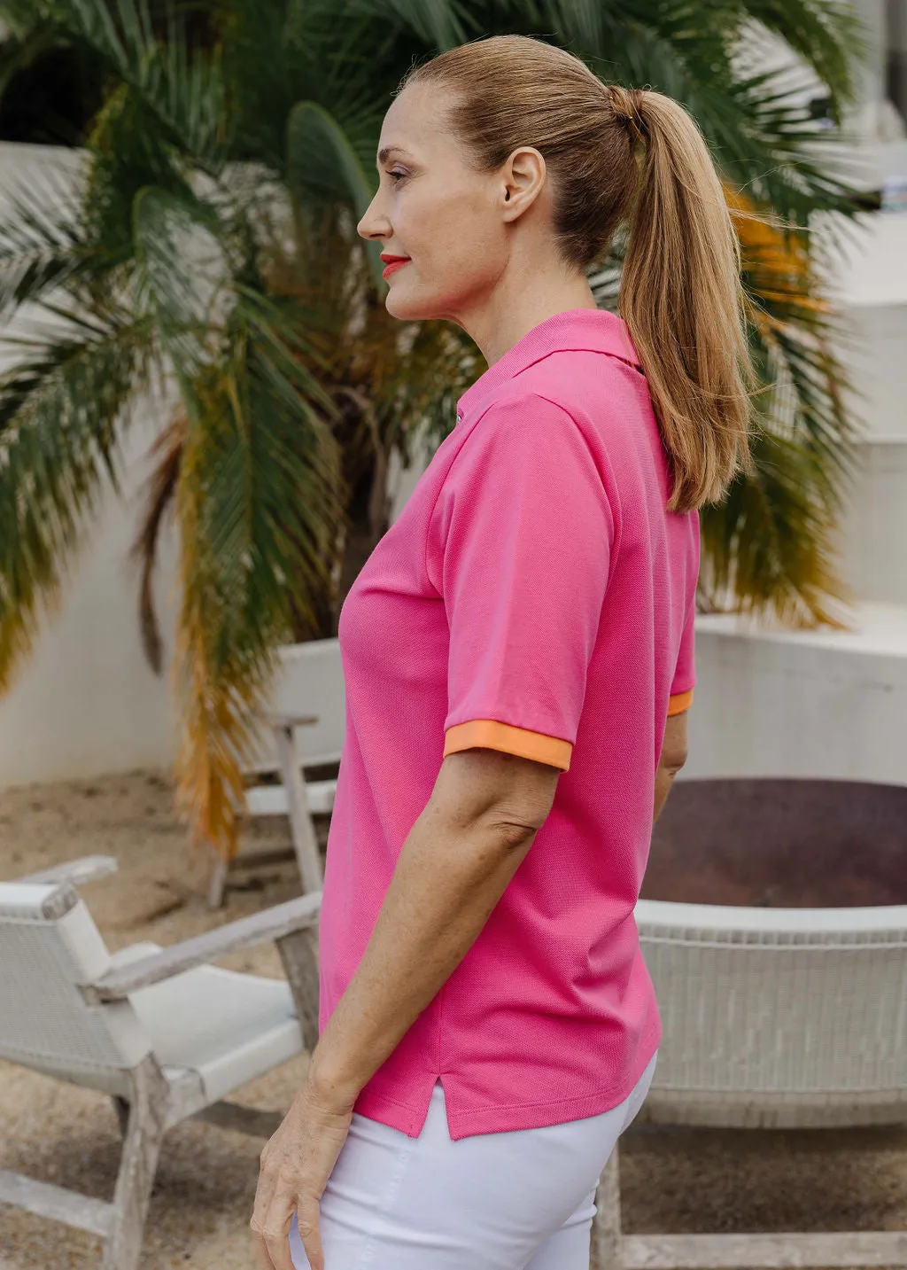 Cotton Contrast Trim Polo Bright Pink/Orange