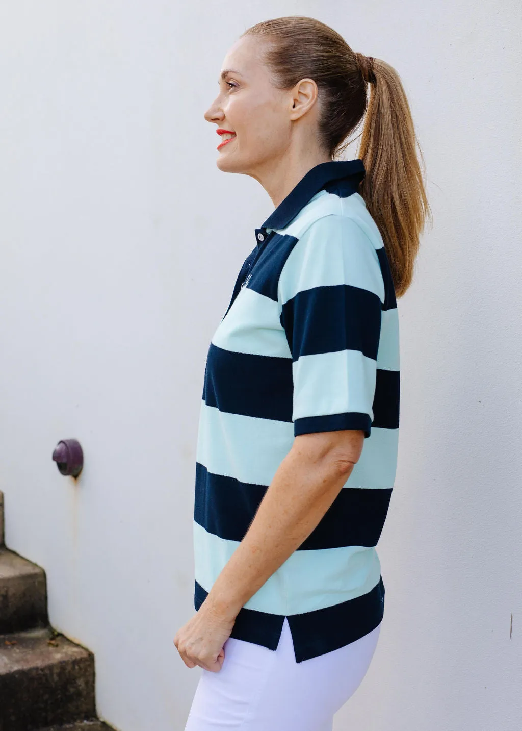 Cotton Striped Classic Fit Polo Navy/Aqua