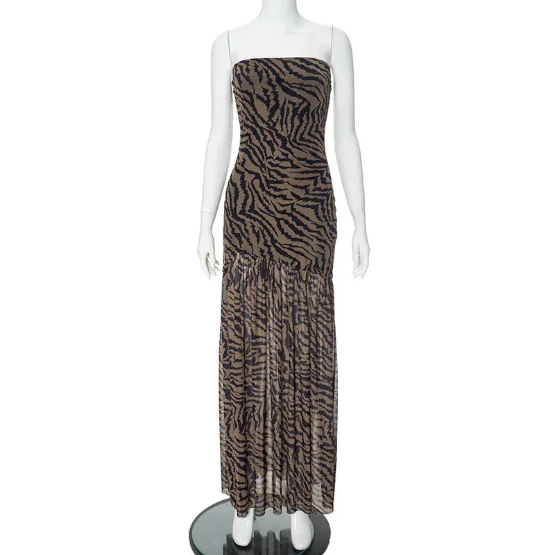 Elegant Animal Print Sheer Mesh Strapless Maxi Dress with Slit