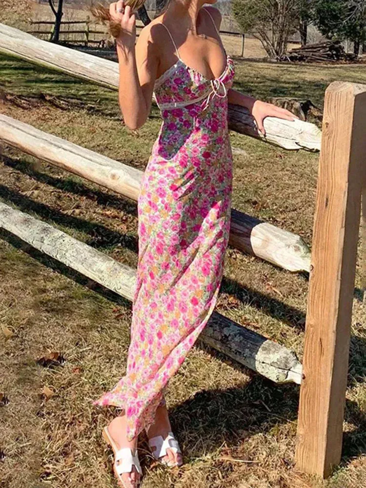 Floral Print Maxi Dress with Spaghetti Straps