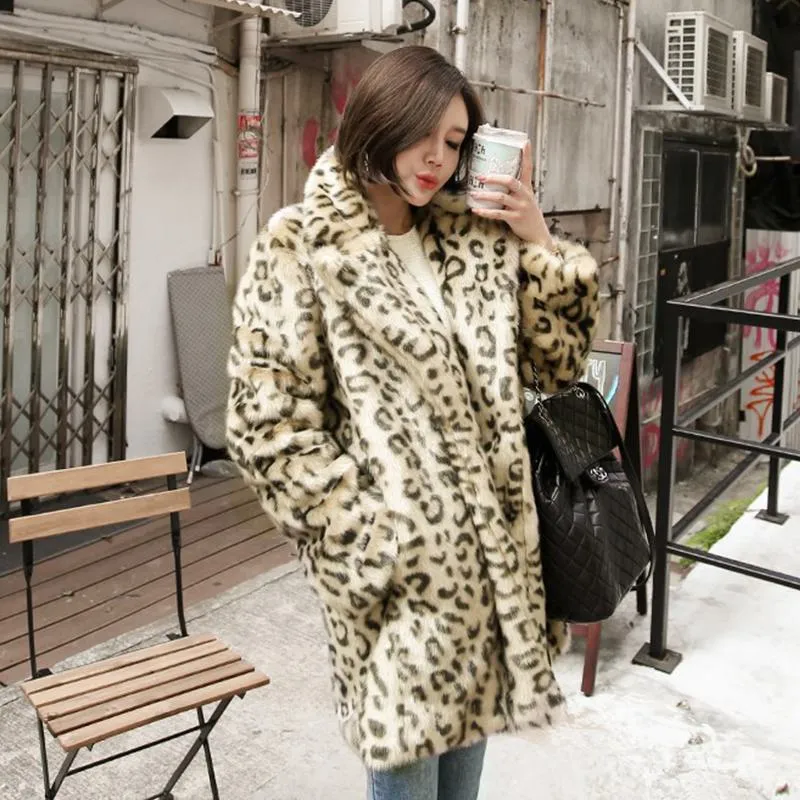 Leopard Print Fur Thigh-Length Loose Fit Fleece Jacket