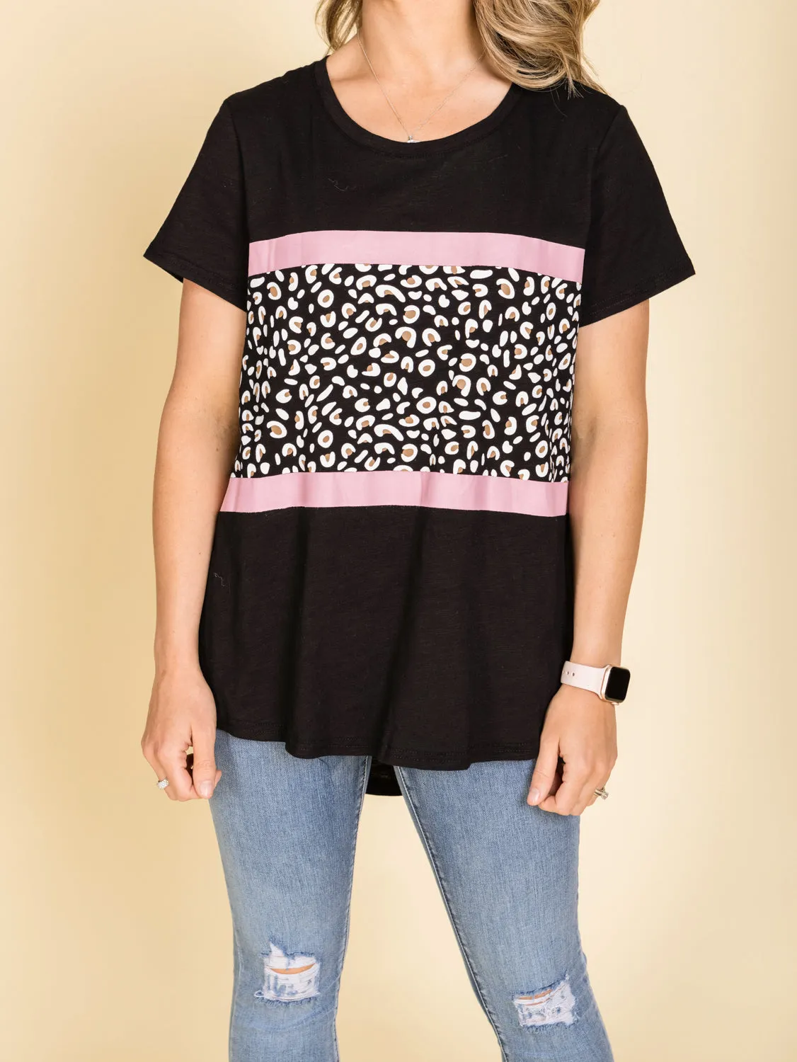 Maggie Leopard Tee - Black With Pink Stripe