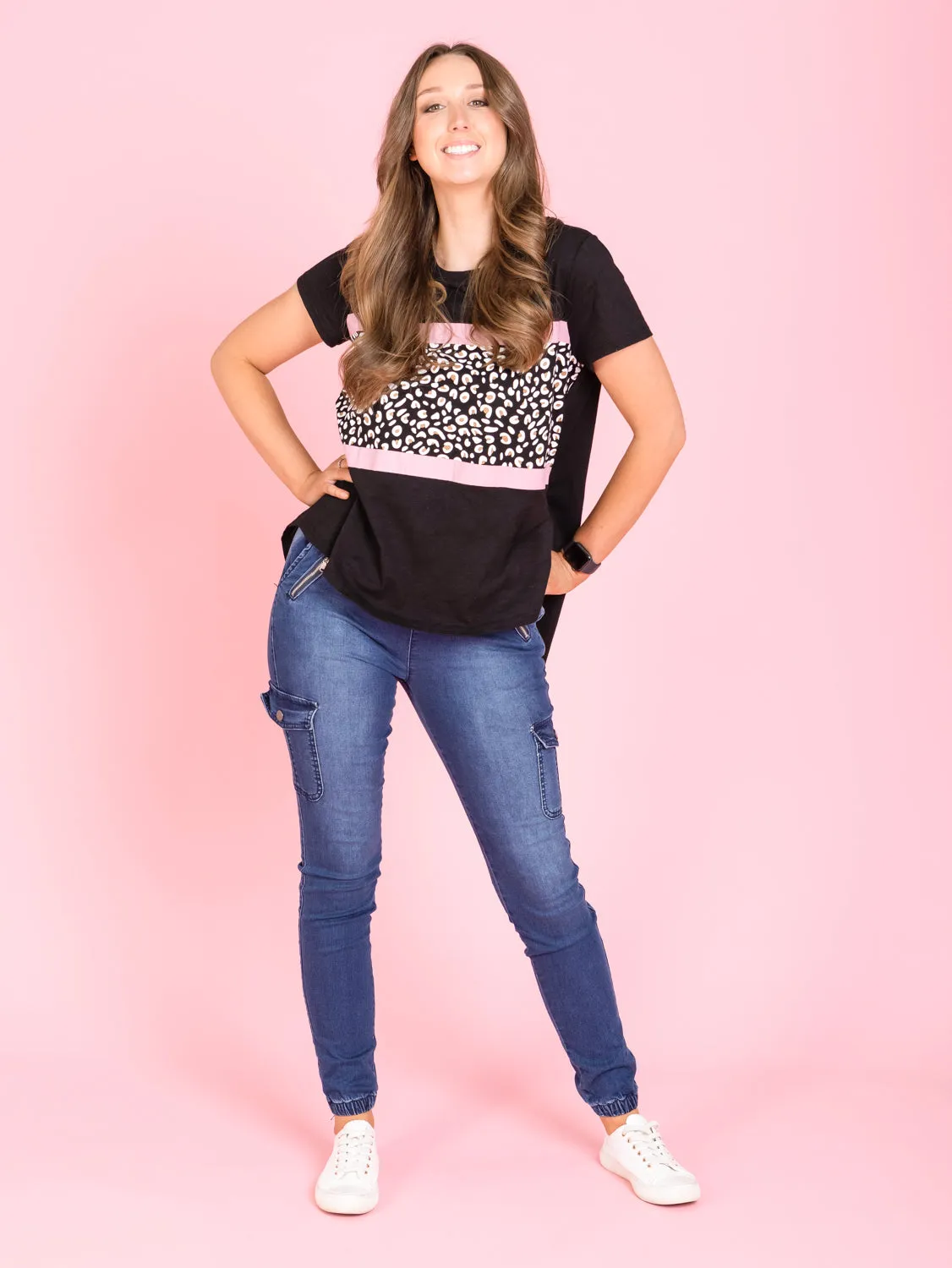 Maggie Leopard Tee - Black With Pink Stripe