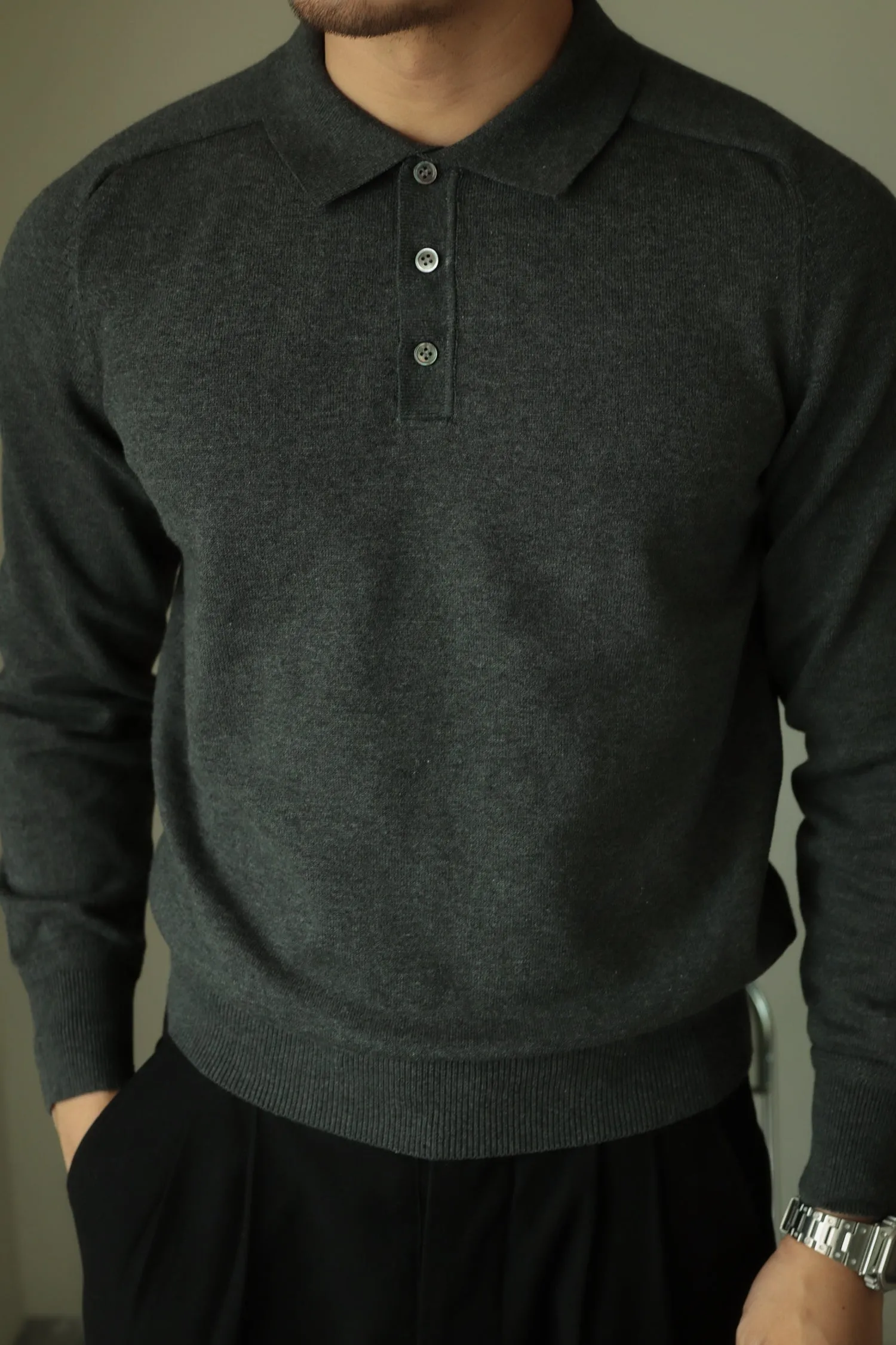 Men's Long Sleeves Knitted Polo Shirt