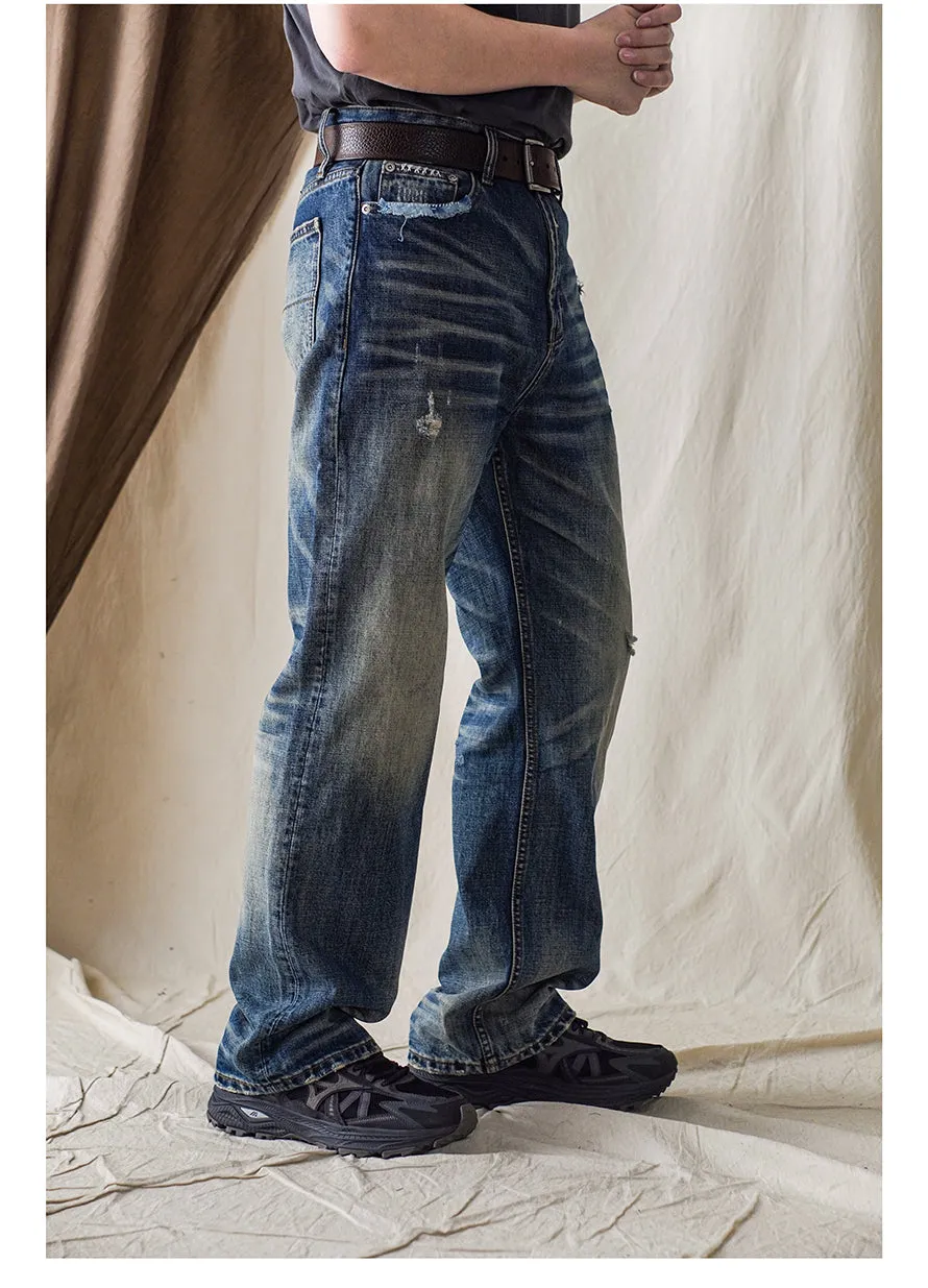 Men's Washed Ripped Cat Whisker Jeans