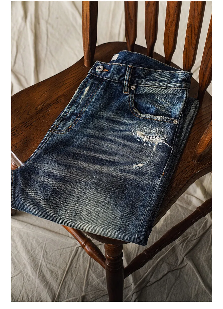 Men's Washed Ripped Cat Whisker Jeans