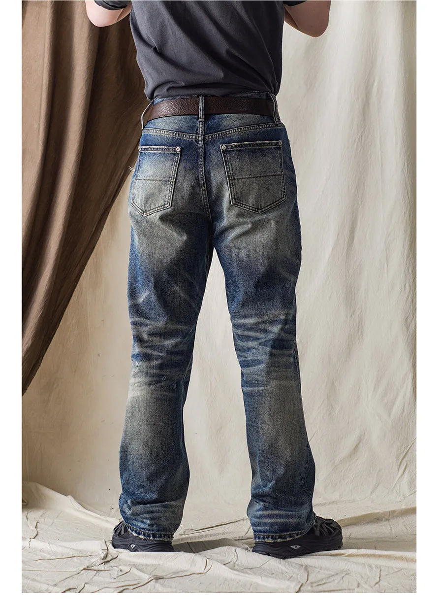 Men's Washed Ripped Cat Whisker Jeans