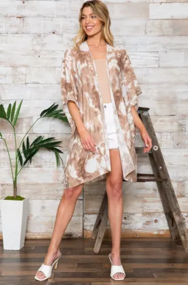 Mocha Latte Tie Dye Print Kimono Knit Cardigan