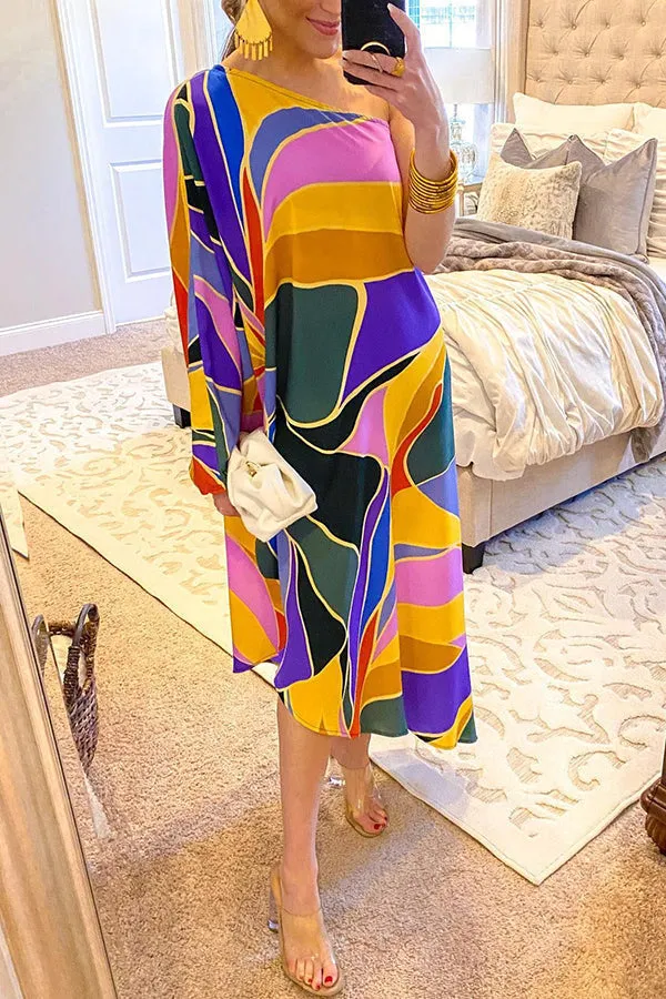 Multi Print Asymmetrical One Shoulder Dress