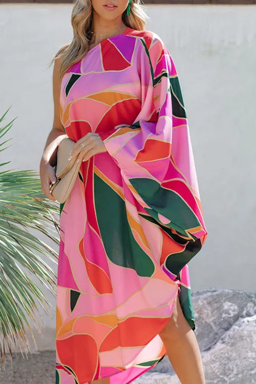 Multi Print Asymmetrical One Shoulder Dress