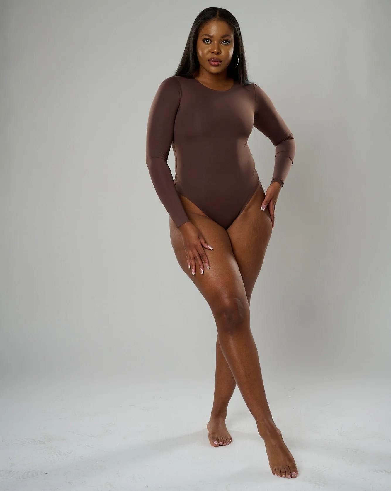 Nadia Long Sleeve Crew Neck Bodysuit - Brown