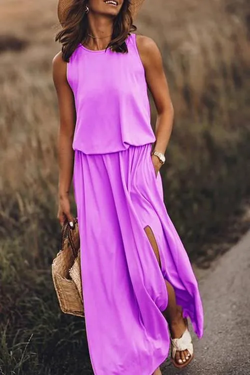 Pockets O Neck Sleeveless Slit Maxi Dress