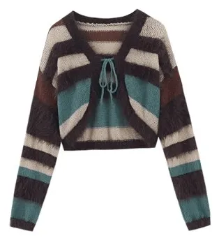 Pre Order:  Striped Lace-Up Knit Cropped Sweater