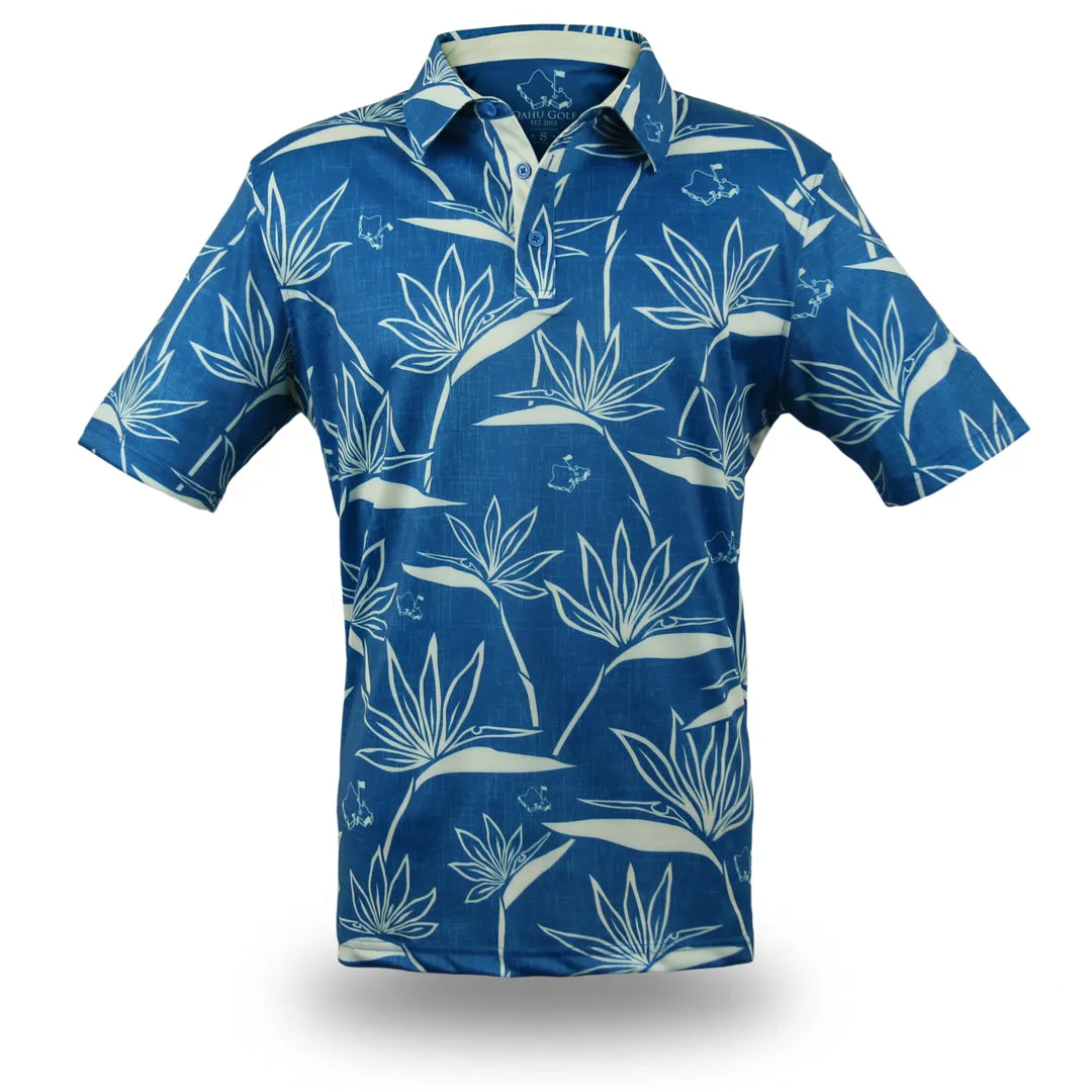 "Birdies of Paradise" Teal Ecru - OGA Men's Polo - Teal Blue Ecru White