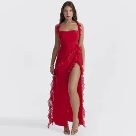 Red for Women Party Sexy Maxi Summer Club Split Ruffles Dress Dress