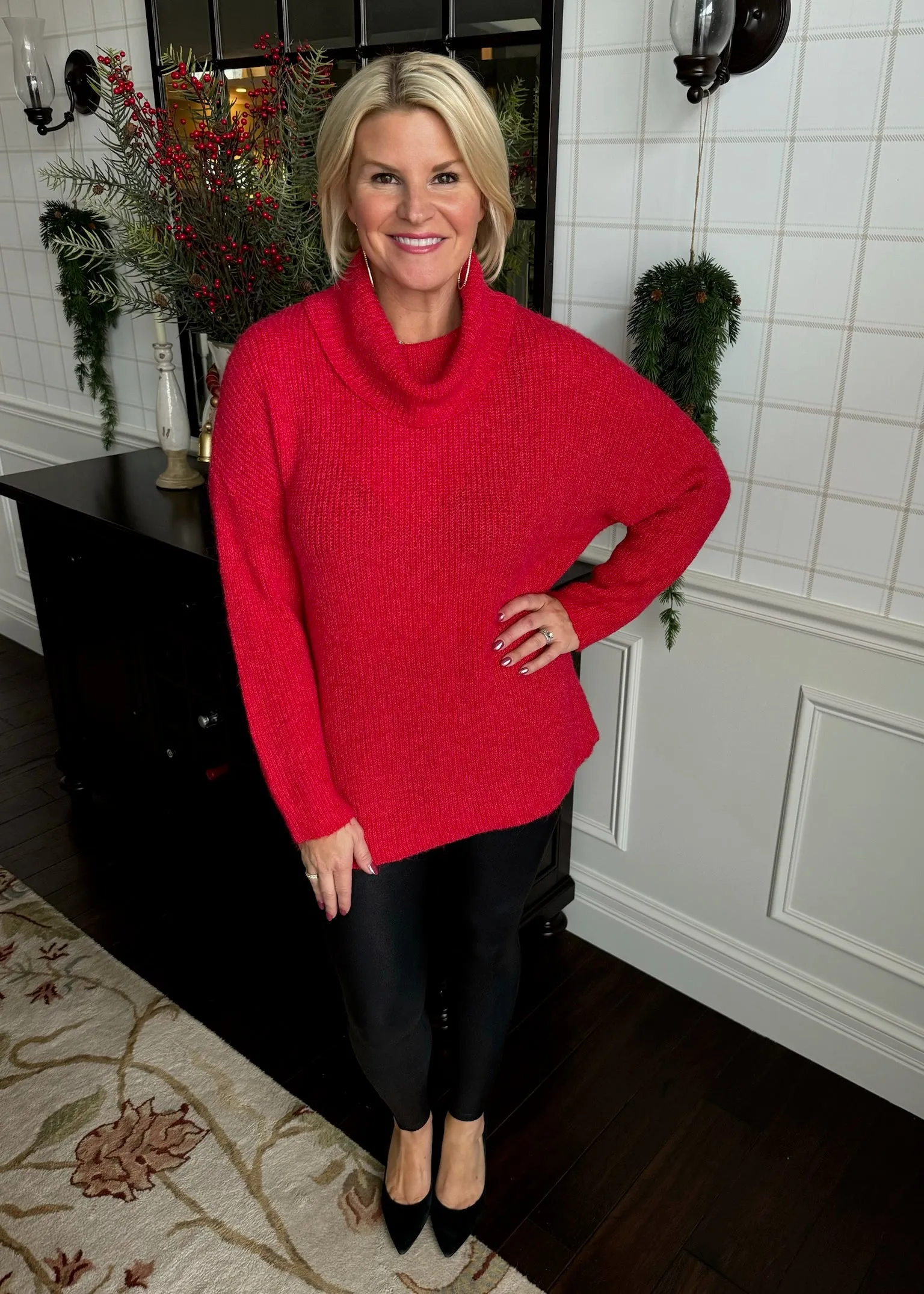 Red Tunic Cowl Neck Sweater