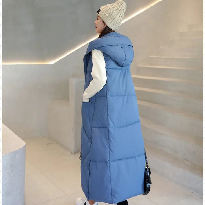 Sleeveless Hooded Zip-Up Calf-Length Puffer Coat