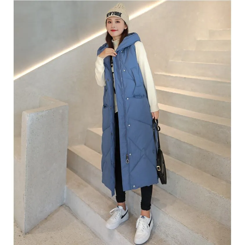 Sleeveless Hooded Zip-Up Calf-Length Puffer Coat