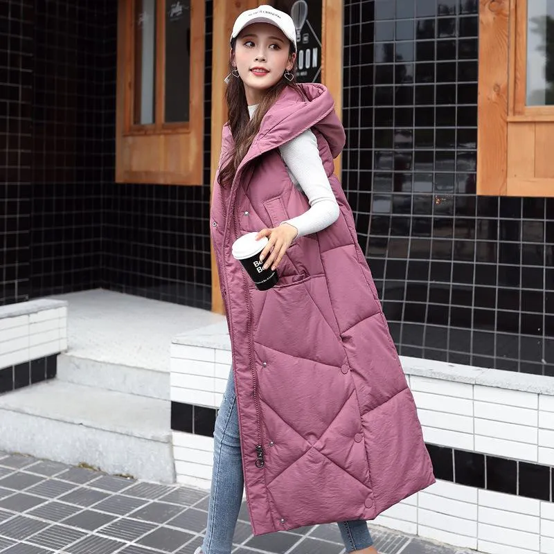 Sleeveless Hooded Zip-Up Calf-Length Puffer Coat