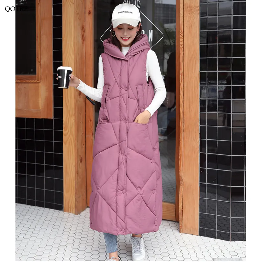 Sleeveless Hooded Zip-Up Calf-Length Puffer Coat