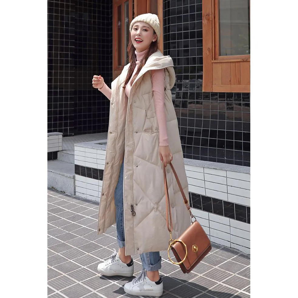 Sleeveless Hooded Zip-Up Calf-Length Puffer Coat