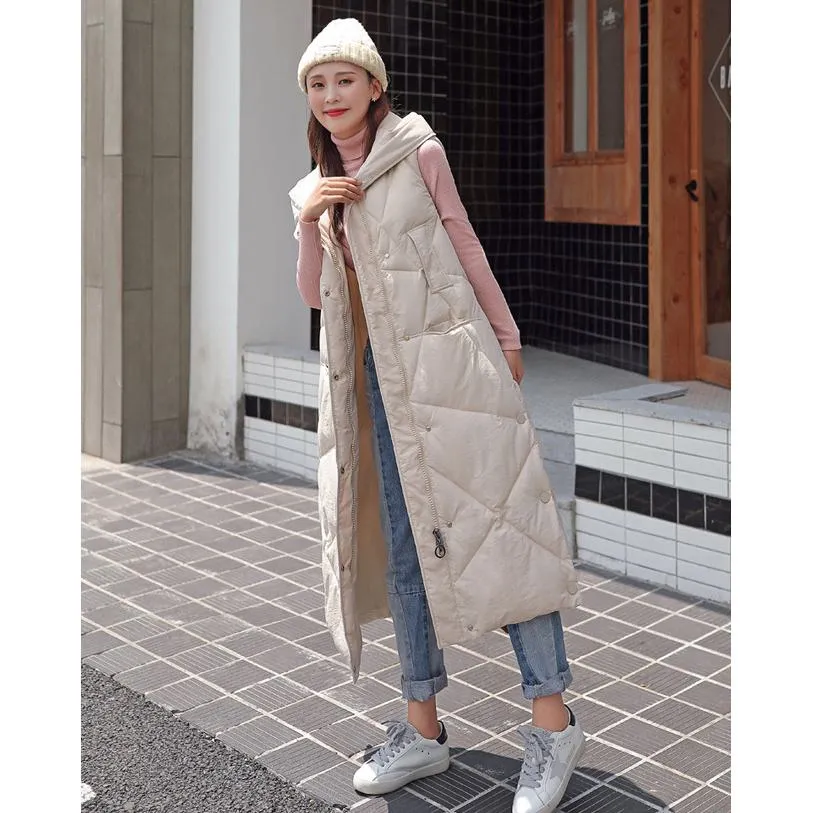 Sleeveless Hooded Zip-Up Calf-Length Puffer Coat