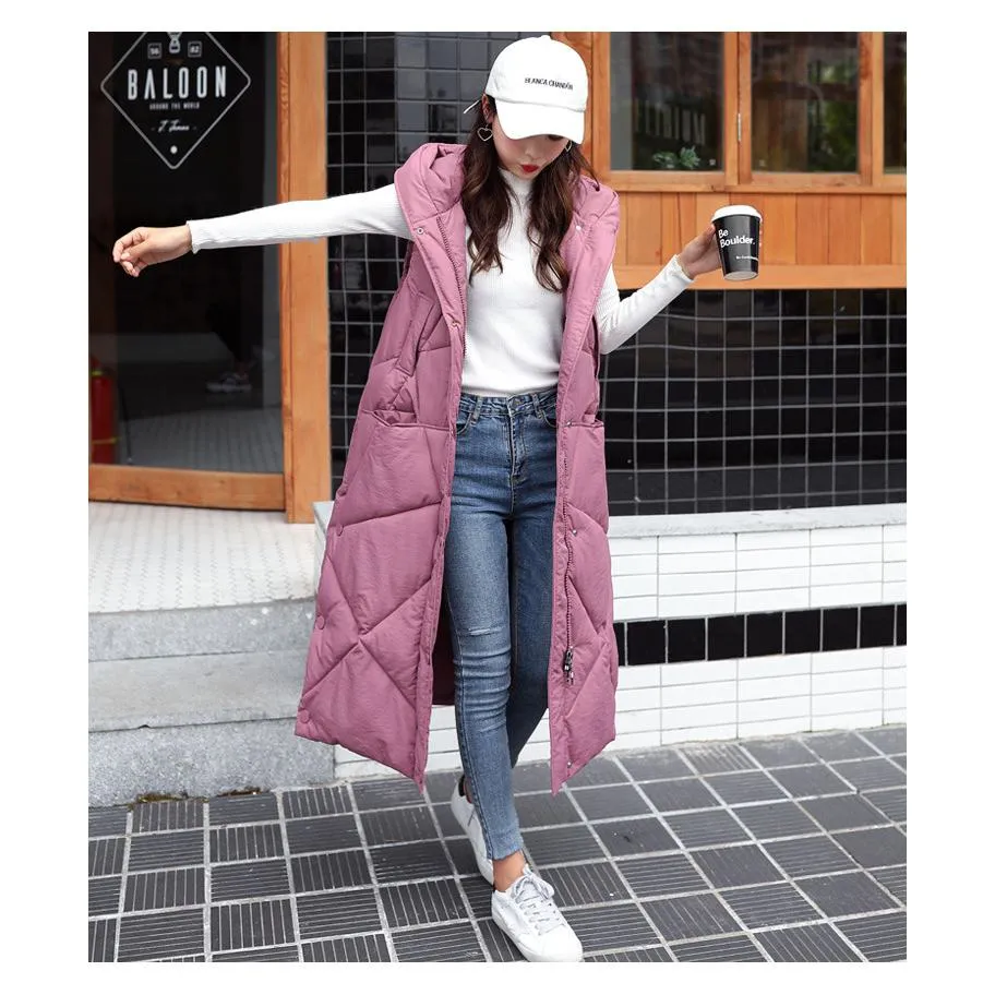 Sleeveless Hooded Zip-Up Calf-Length Puffer Coat