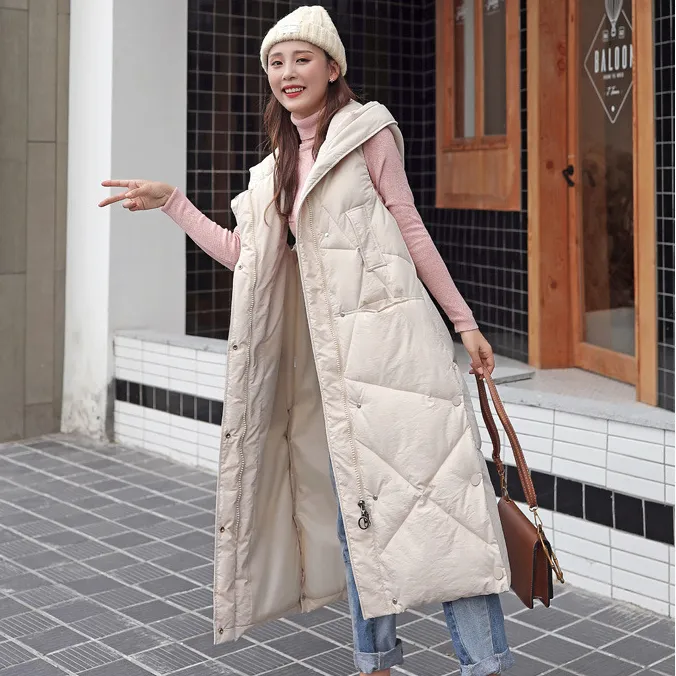 Sleeveless Hooded Zip-Up Calf-Length Puffer Coat