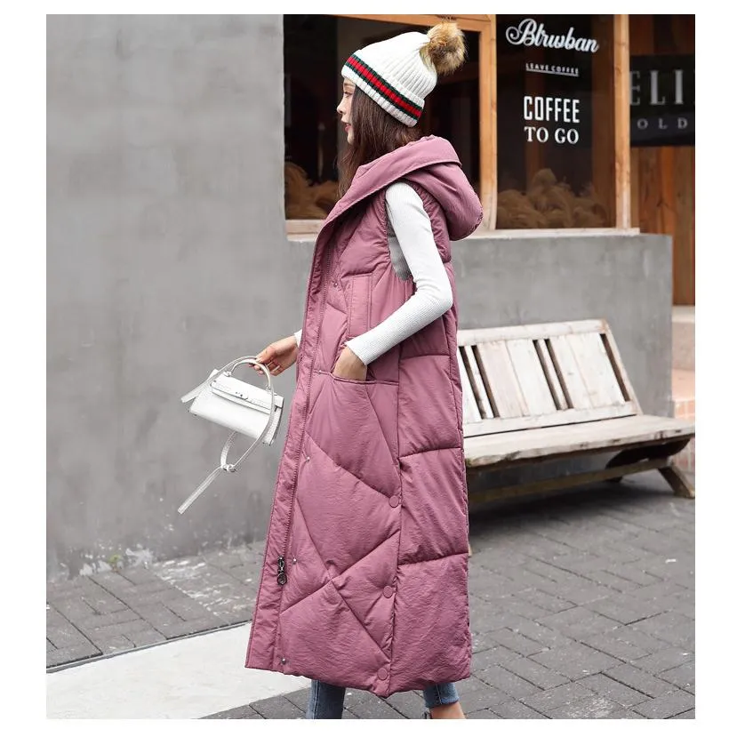 Sleeveless Hooded Zip-Up Calf-Length Puffer Coat