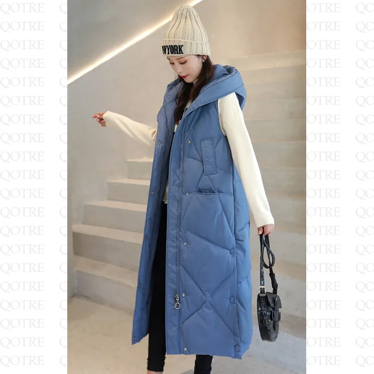 Sleeveless Hooded Zip-Up Calf-Length Puffer Coat