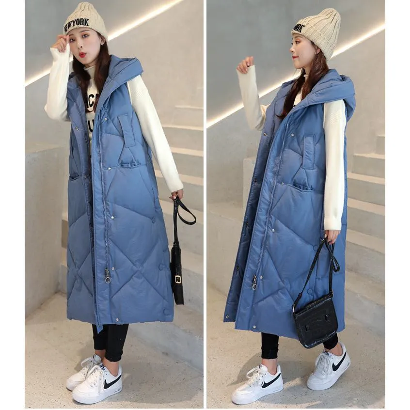 Sleeveless Hooded Zip-Up Calf-Length Puffer Coat