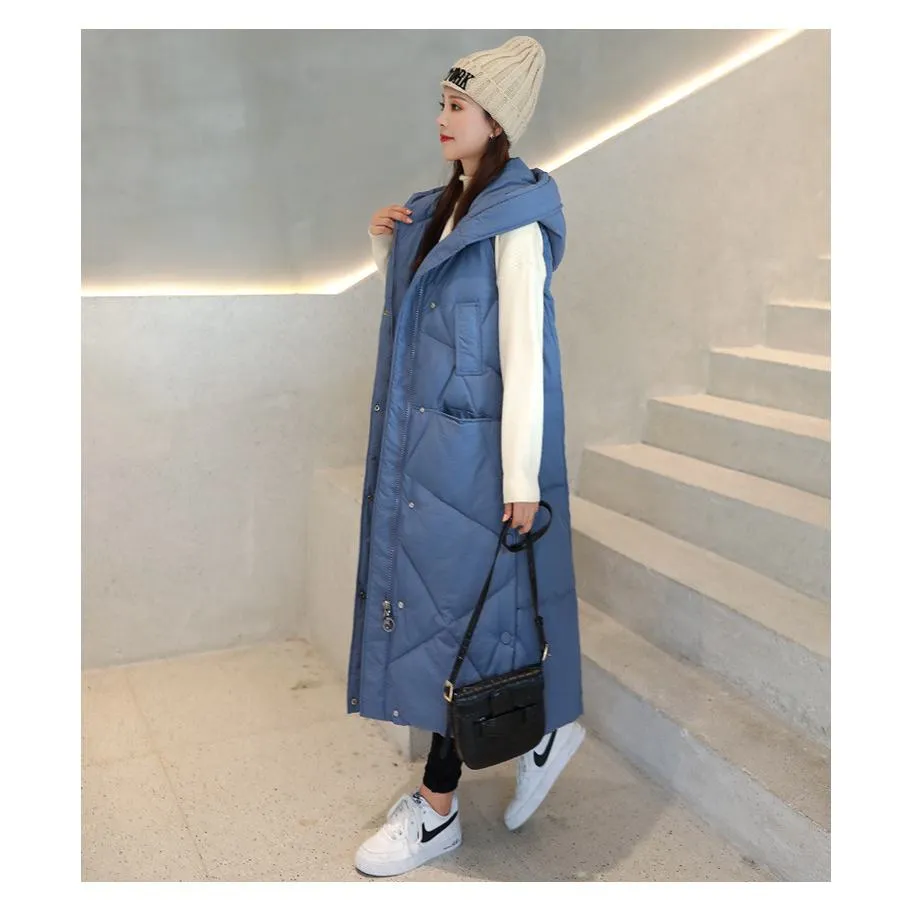 Sleeveless Hooded Zip-Up Calf-Length Puffer Coat