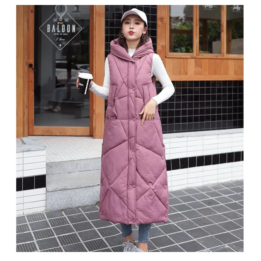 Sleeveless Hooded Zip-Up Calf-Length Puffer Coat