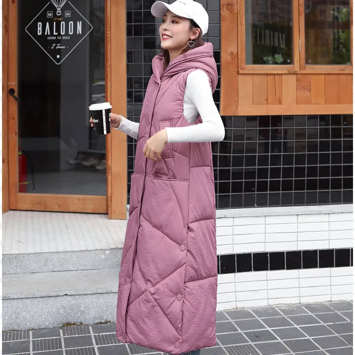 Sleeveless Hooded Zip-Up Calf-Length Puffer Coat