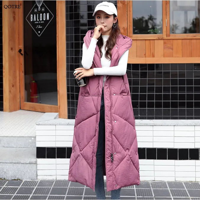 Sleeveless Hooded Zip-Up Calf-Length Puffer Coat