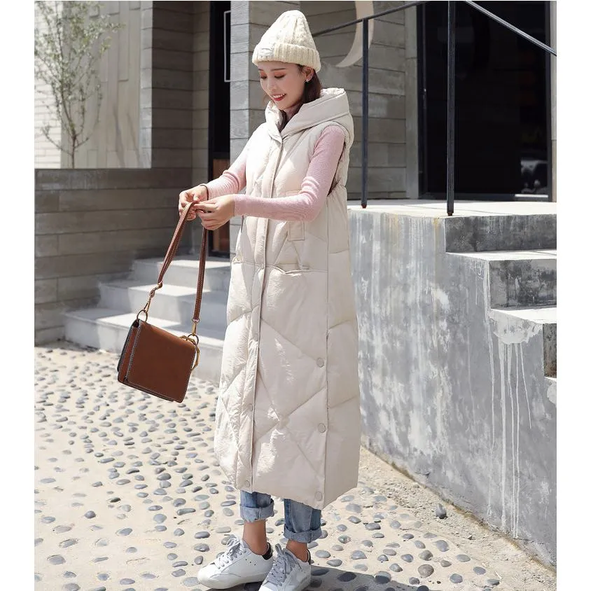 Sleeveless Hooded Zip-Up Calf-Length Puffer Coat