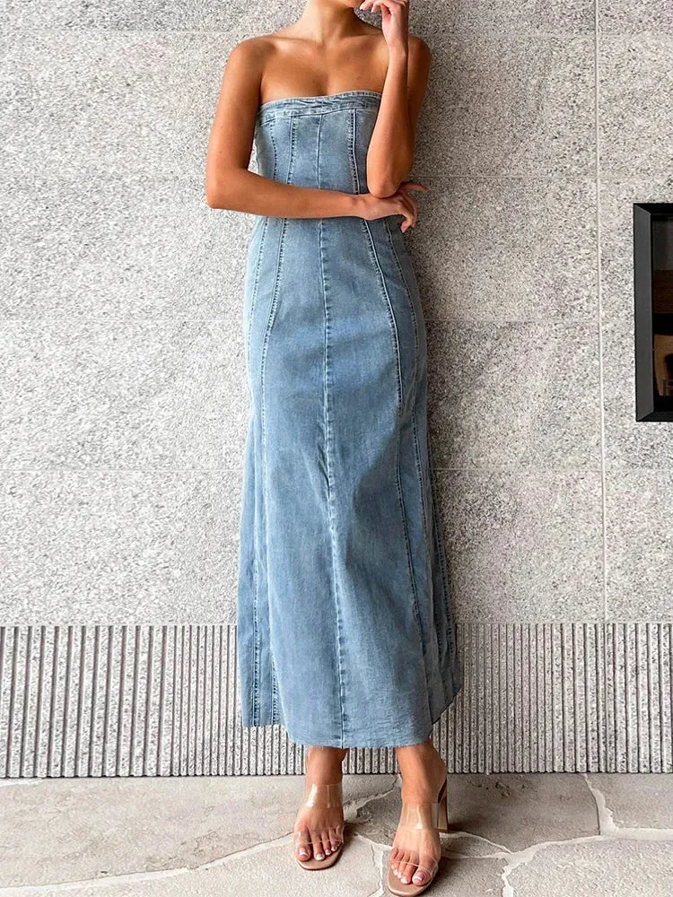 Slit Side Sleeveless Denim Slim Women Bodycon Maxi Dress Dress