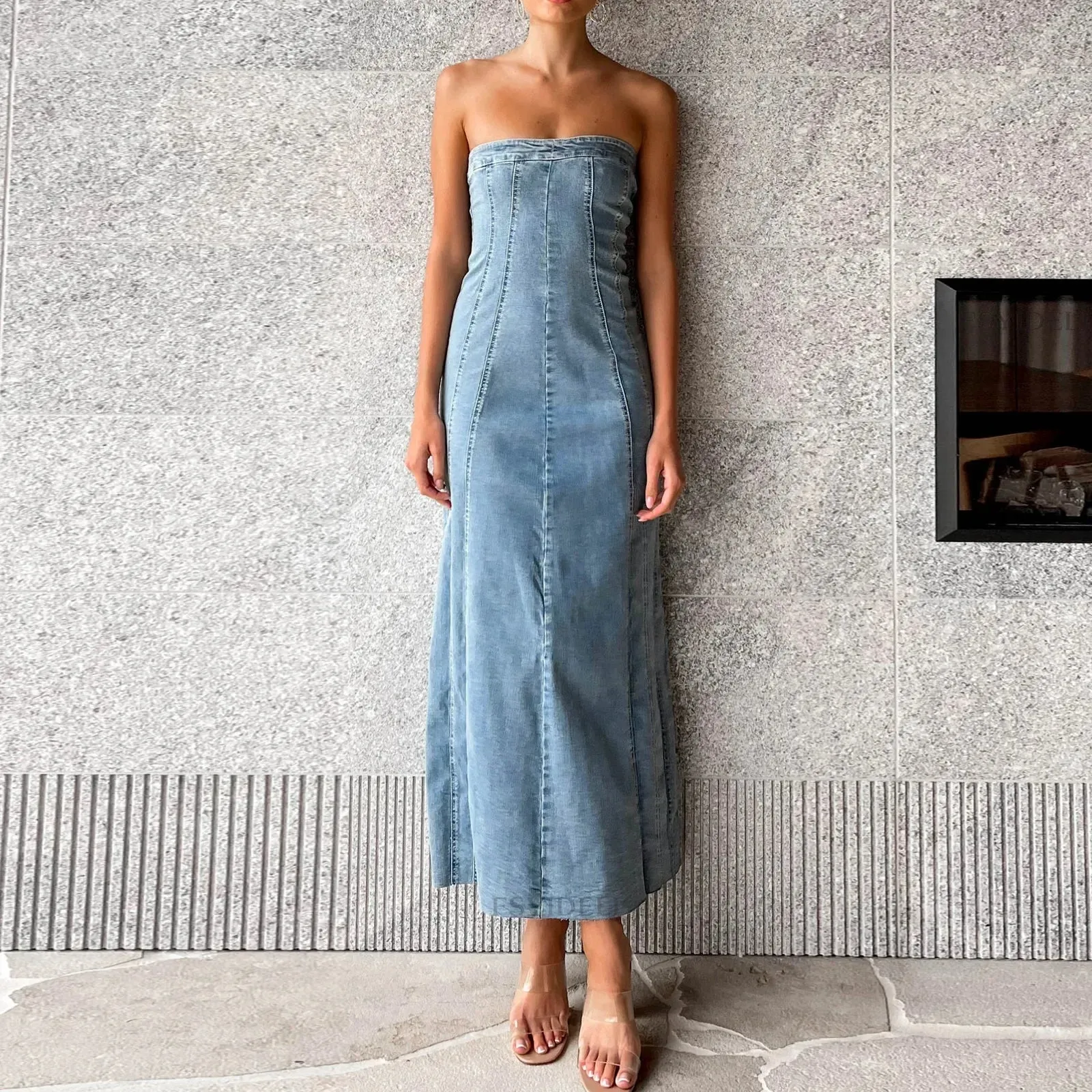 Slit Side Sleeveless Denim Slim Women Bodycon Maxi Dress Dress