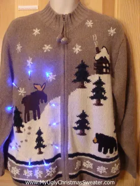 Tacky Light Up Christmas Sweater Moose, Bear 2sided PomPom Zipper