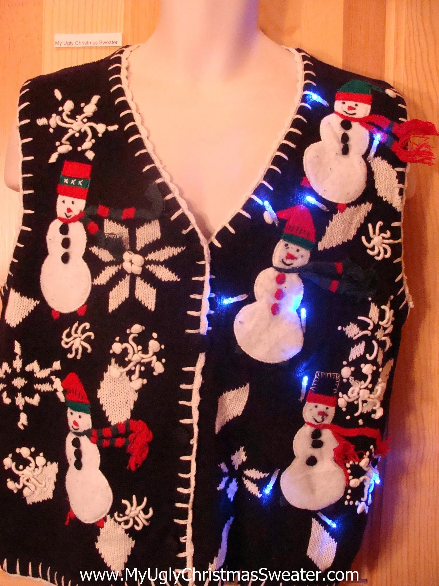 Tacky Light Up Christmas Sweater Vest with Snowmen Front and Back