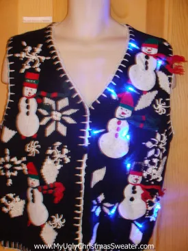 Tacky Light Up Christmas Sweater Vest with Snowmen Front and Back