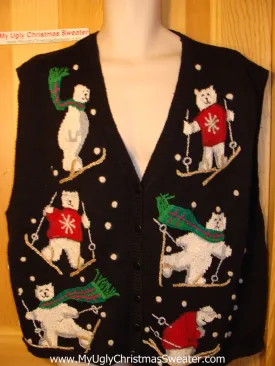 Tacky Ugly Christmas Sweater Vest Festive Skiing Bears (f83)