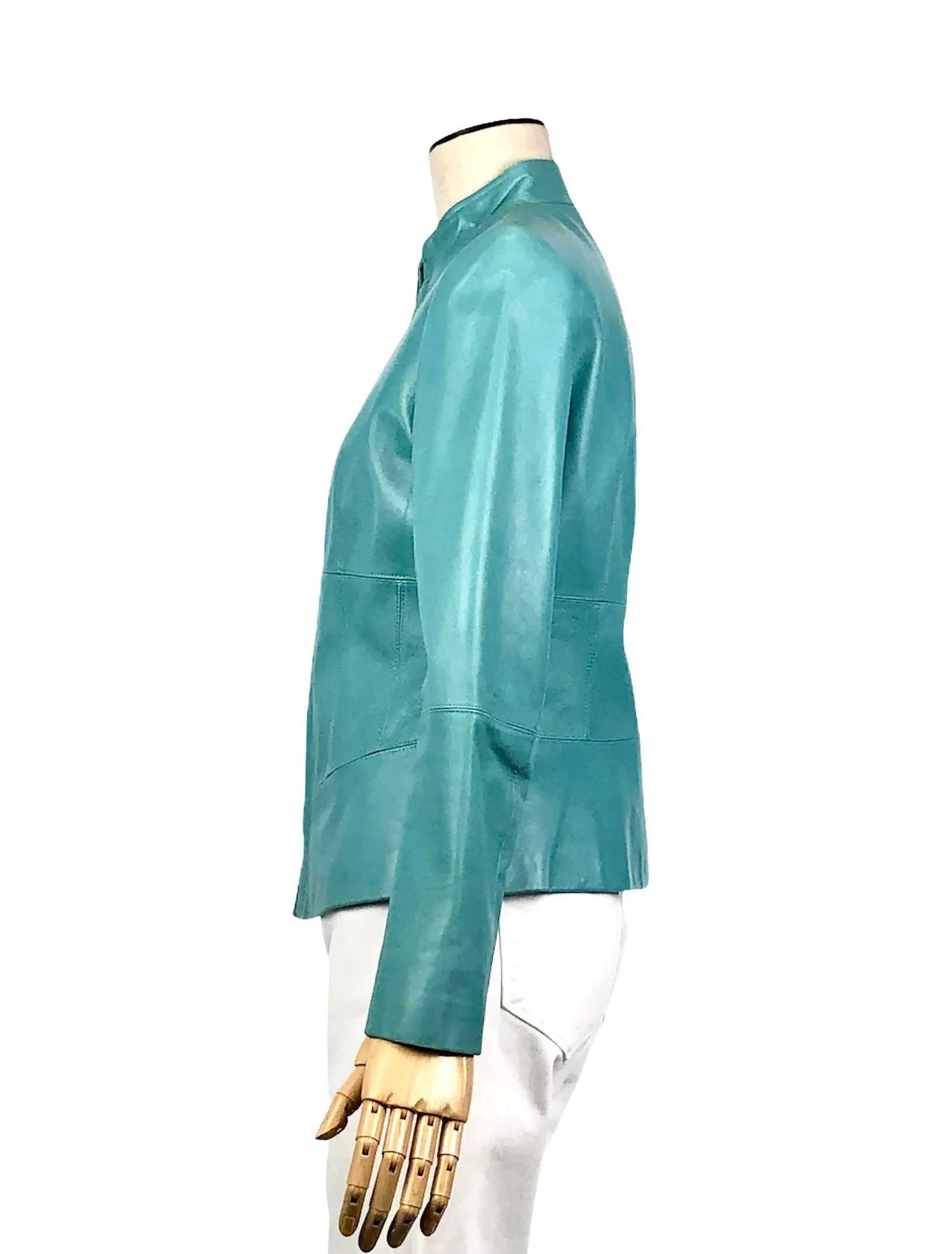 Turquoise Leather Moto Jacket | Size 4 Petite