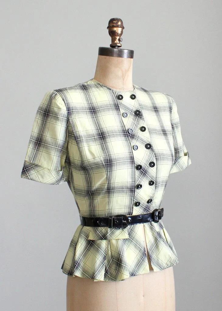 Vintage 1940s Yellow Plaid Peplum Blouse