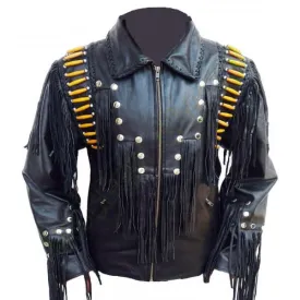 Western Native America Black Fringe Jacket Leath Bones Work