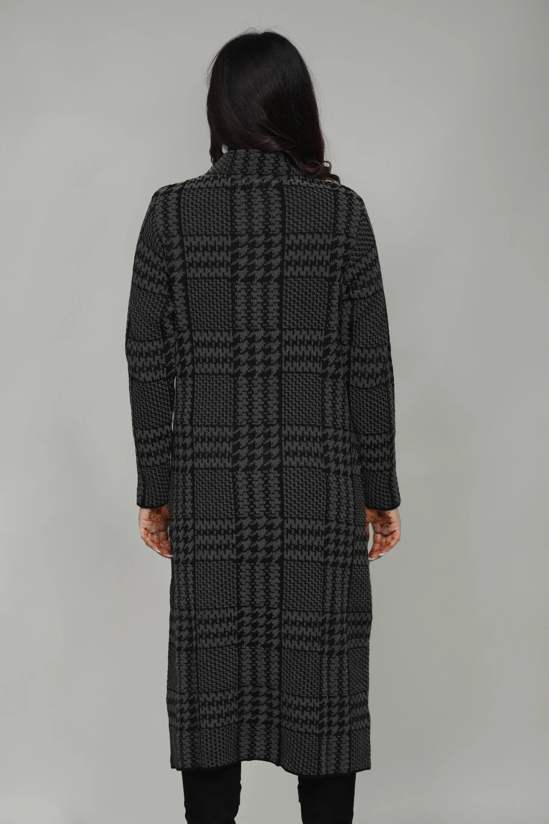 Women Woolen Checkered T-Neck Long Coat